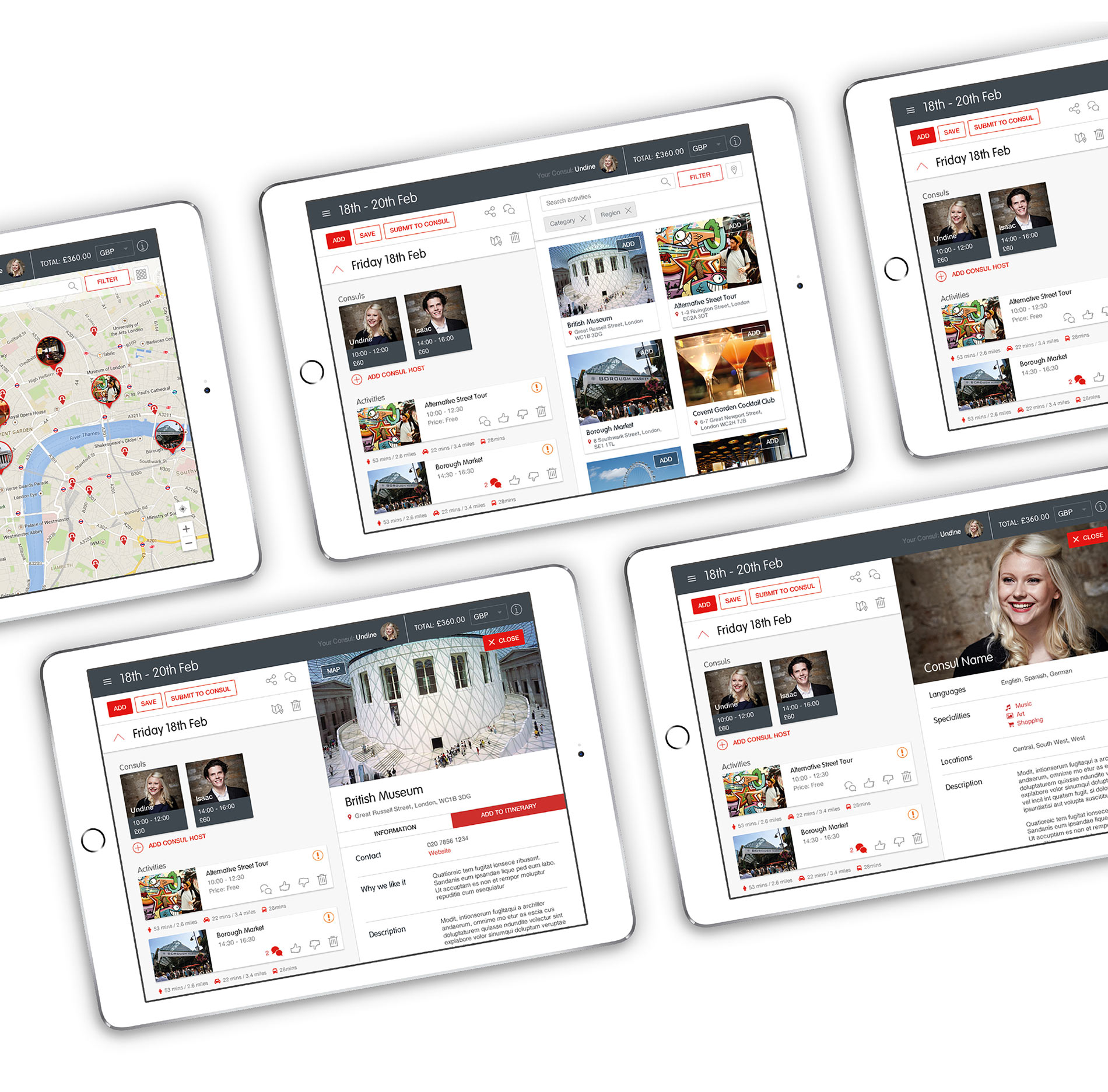 TripConsul website itinerary planner design and development on iPad