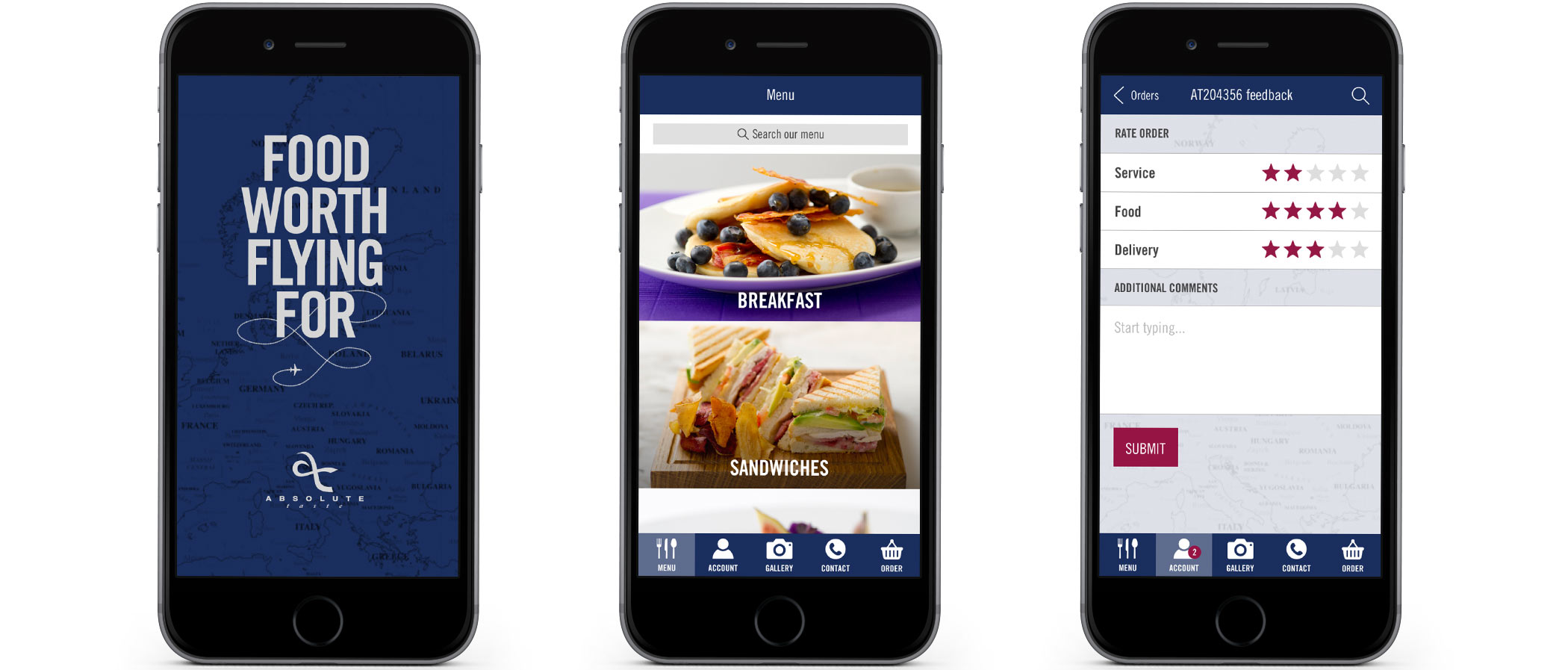 Absolute Taste native app design shown on smart phone. Travel catering app design.