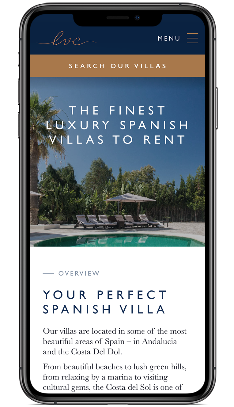The Luxury Villa Collection homepage screen design on iPhone X