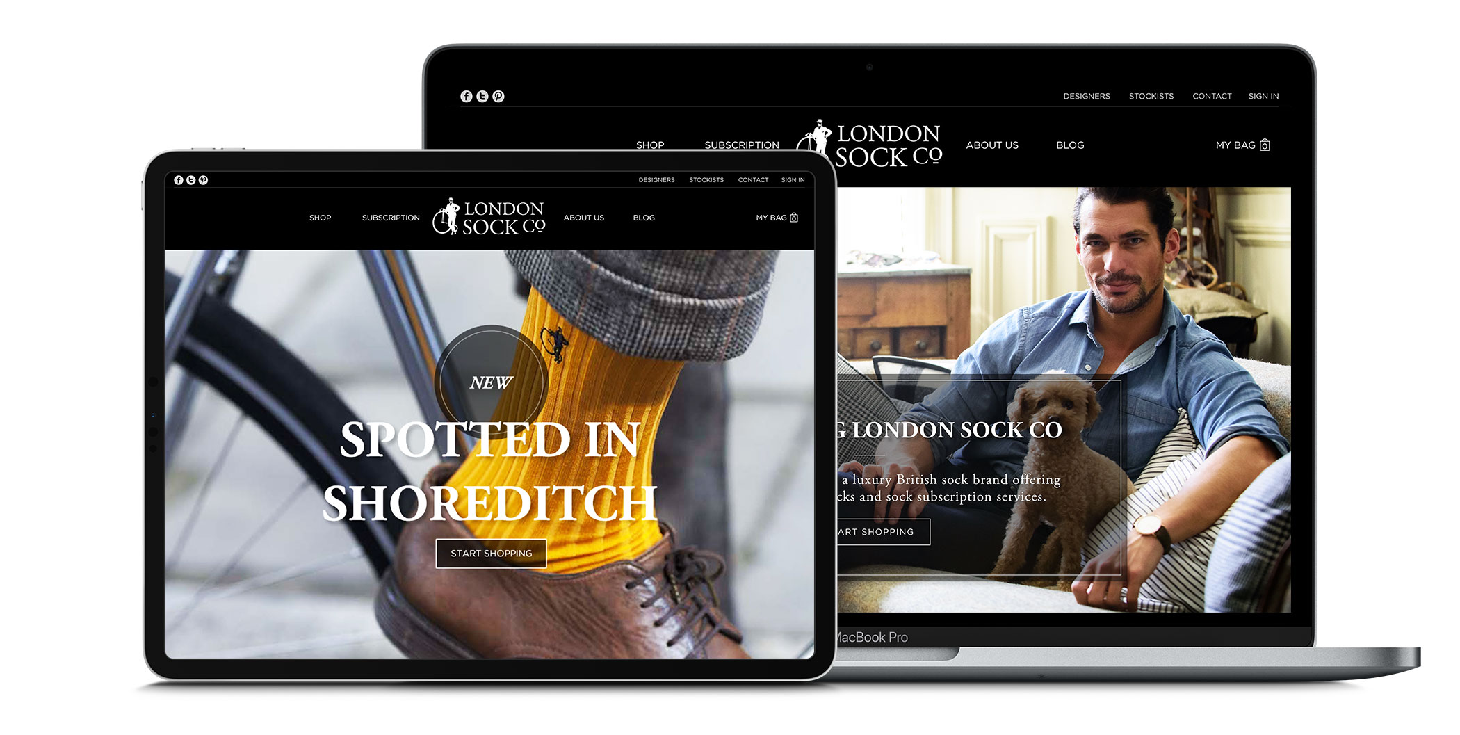 London Sock Company e-commerce website design shown on tablet